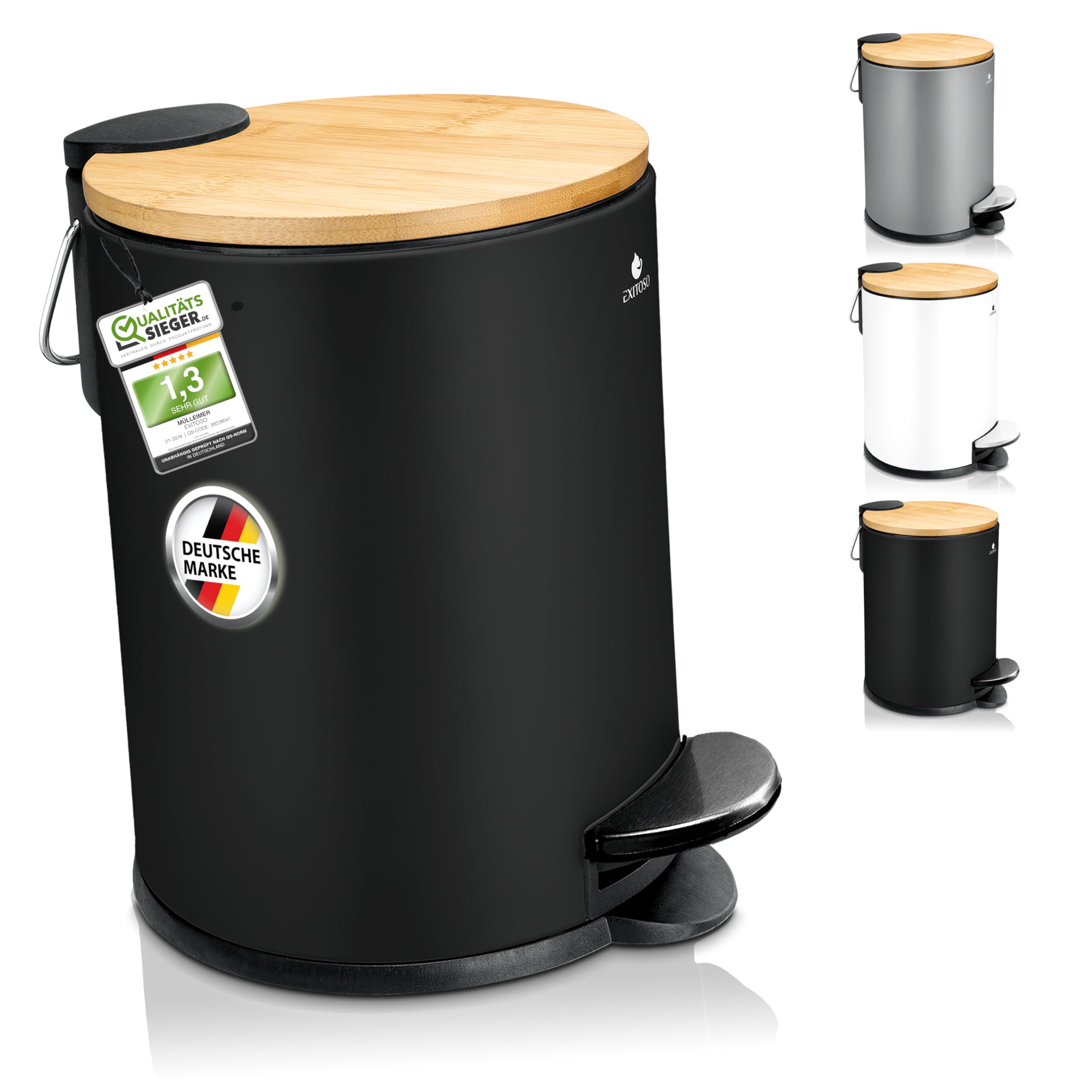 Exitoso Cestino Bagno Nero da 3 litri - Pattumiera Bagno Piccola con Coperchio e Pedale Design Nero - Cestini Secchio Bidone Spazzatura Rifiuti Immondizia da Bagno Metallo Bambu Cucina con Coperchio