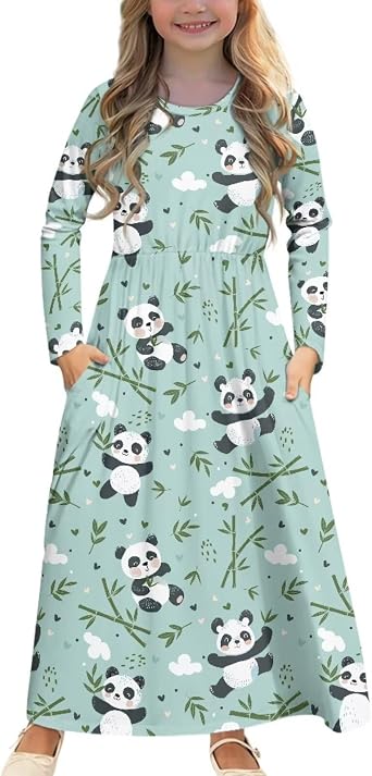 Girls Long Maxi Dress Swing Twirly Dress Flare Swing Long Sleeves Dress with Pockets for Kids Girls