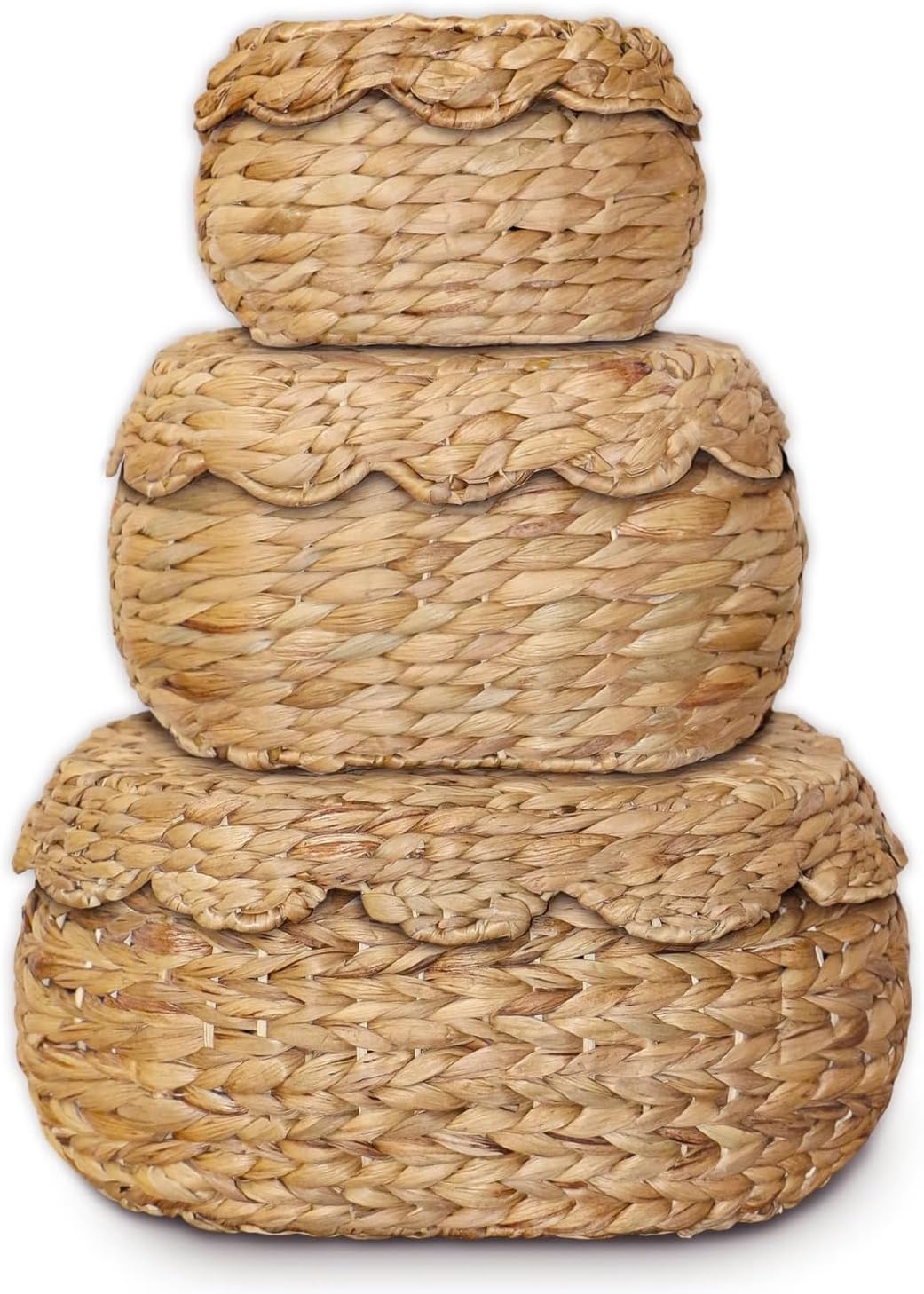 Scalloped Basket Set of 3  Woven Seagrass Storage Baskets with Lids  Decorative Natural Bins Baskets for Organizing, Boho Home, Shelves, Bathroom Decor