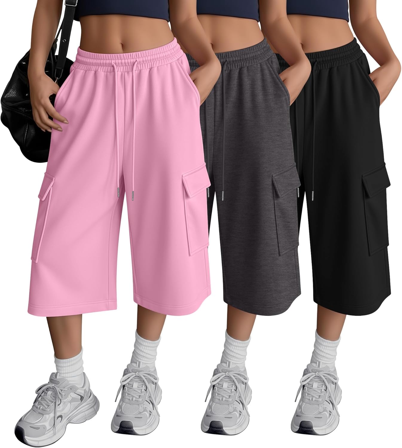 3 Pack Women's Capri Pants Wide Leg Baggy Athletic Cropped Sweatpants Casual Loose Cargo Capris with 4 Pockets