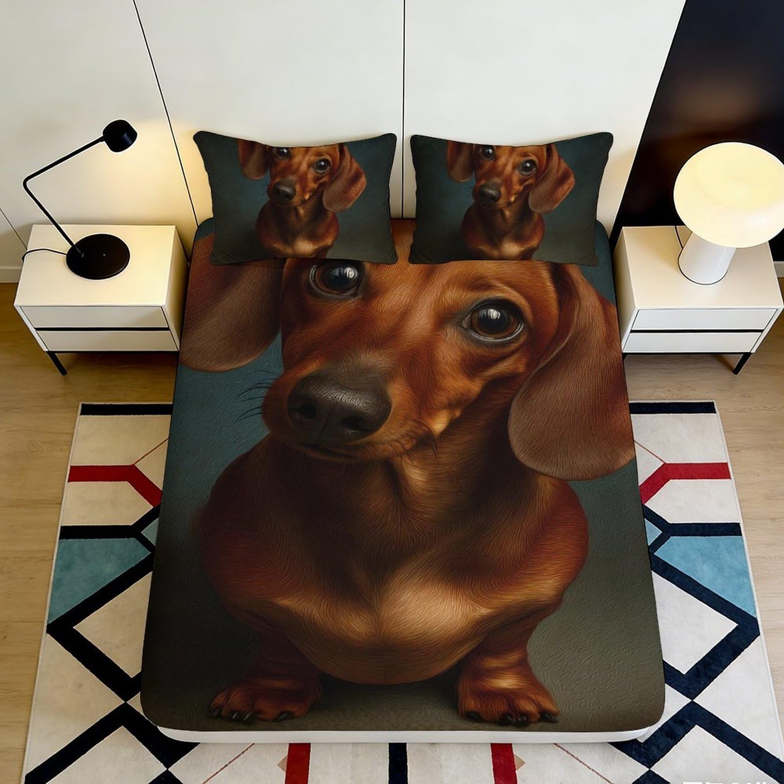 3D Printed Dachshund Dog Fitted Sheet Microfiber Soft Brown Bed Sheet Animal Pattern for Bedroom Guest Room Decor 90x200x25cm
