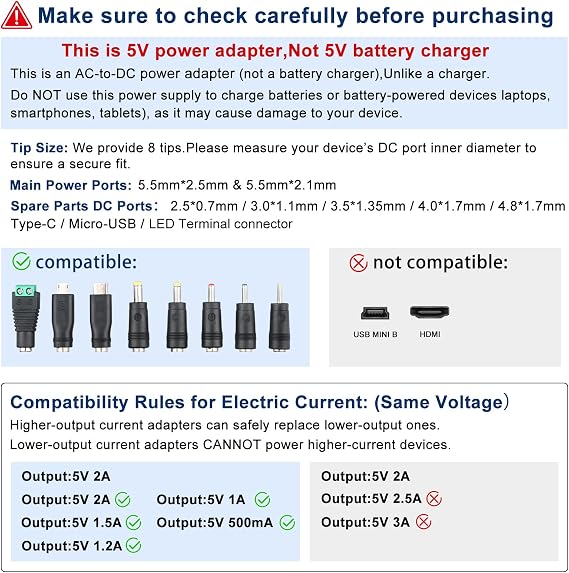 Universal 5V 2A Power Adapter Supply Charger With 8 DC Plug Tips