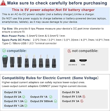 Universal 5V 2A Power Adapter Supply Charger With 8 DC Plug Tips