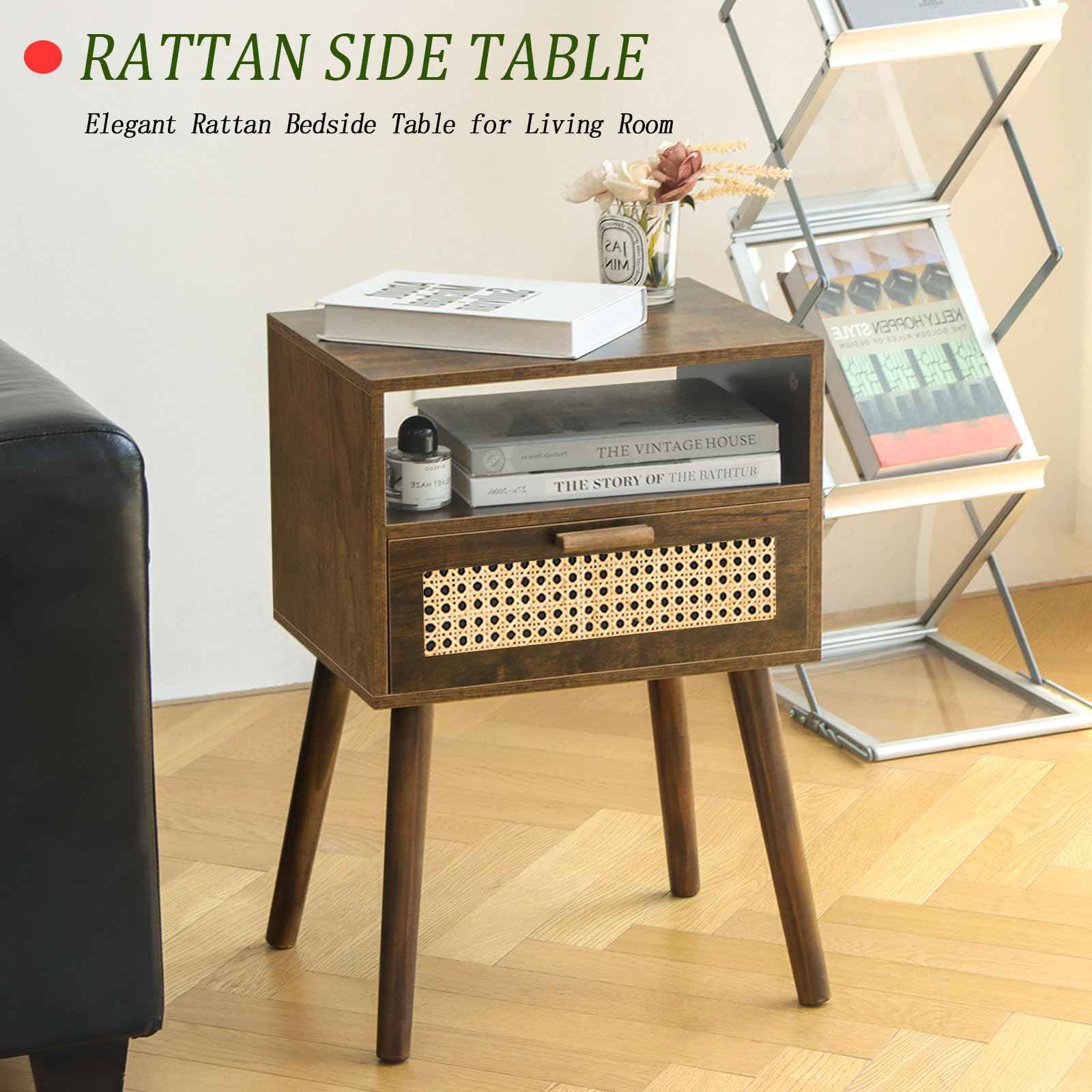 Mesita de noche de mediados de siglo, mesa auxiliar de ratán con cajón, mesita de noche moderna de madera para dormitorio, sala de estar y espacios pequeños (marrón rústico) 8