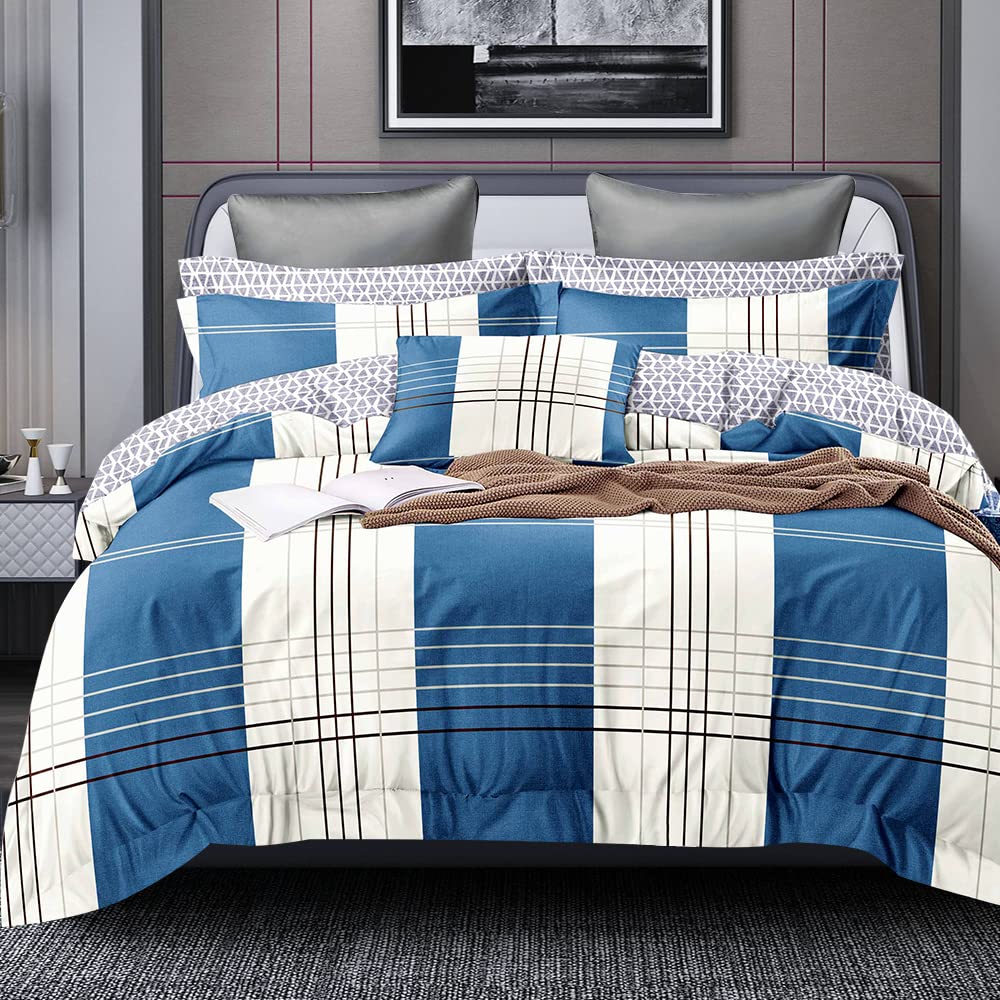 Hgmart Light Blue Comforter Queen Set Microfiber 100% Polyester Fiber Queen Bed Comforter Checkered Blue All Season Soft Comforter Queen Set with 2 Pillow Shams