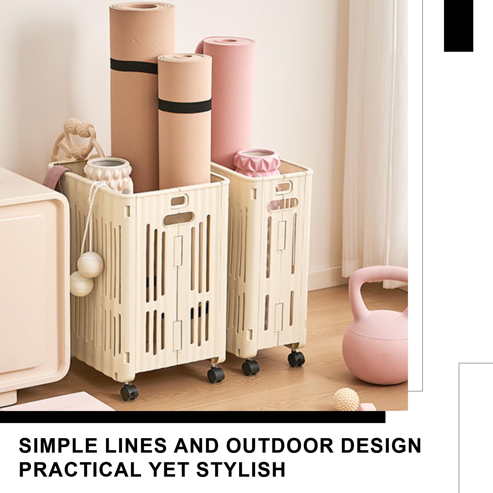 HEVOY Foldable Yoga Mat Storage Rack, Yoga Mat Organizer Basket, Home Gym Yoga Mat Holder Shelf, Exercise Equipment Cart for Kettlebells Resistance Bands Yoga Blocks Foam Roller (Without Wheels,S)