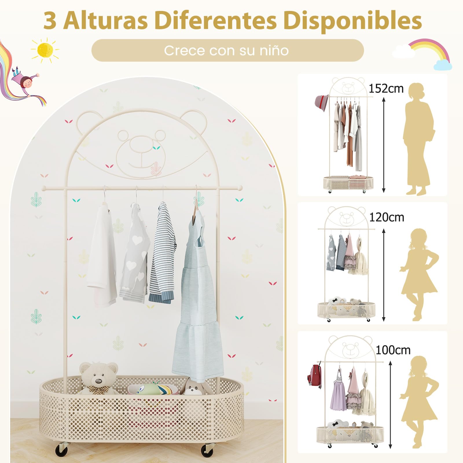GOPLUS Perchero de Ropa para Niños con Ruedas, Perchero Infantil Rodante con Cesta de Almacenaje Inferior, 3 Alturas Ajustables, Perchero de Ropa Colgante de Metal con Diseño de Oso (Blanco)