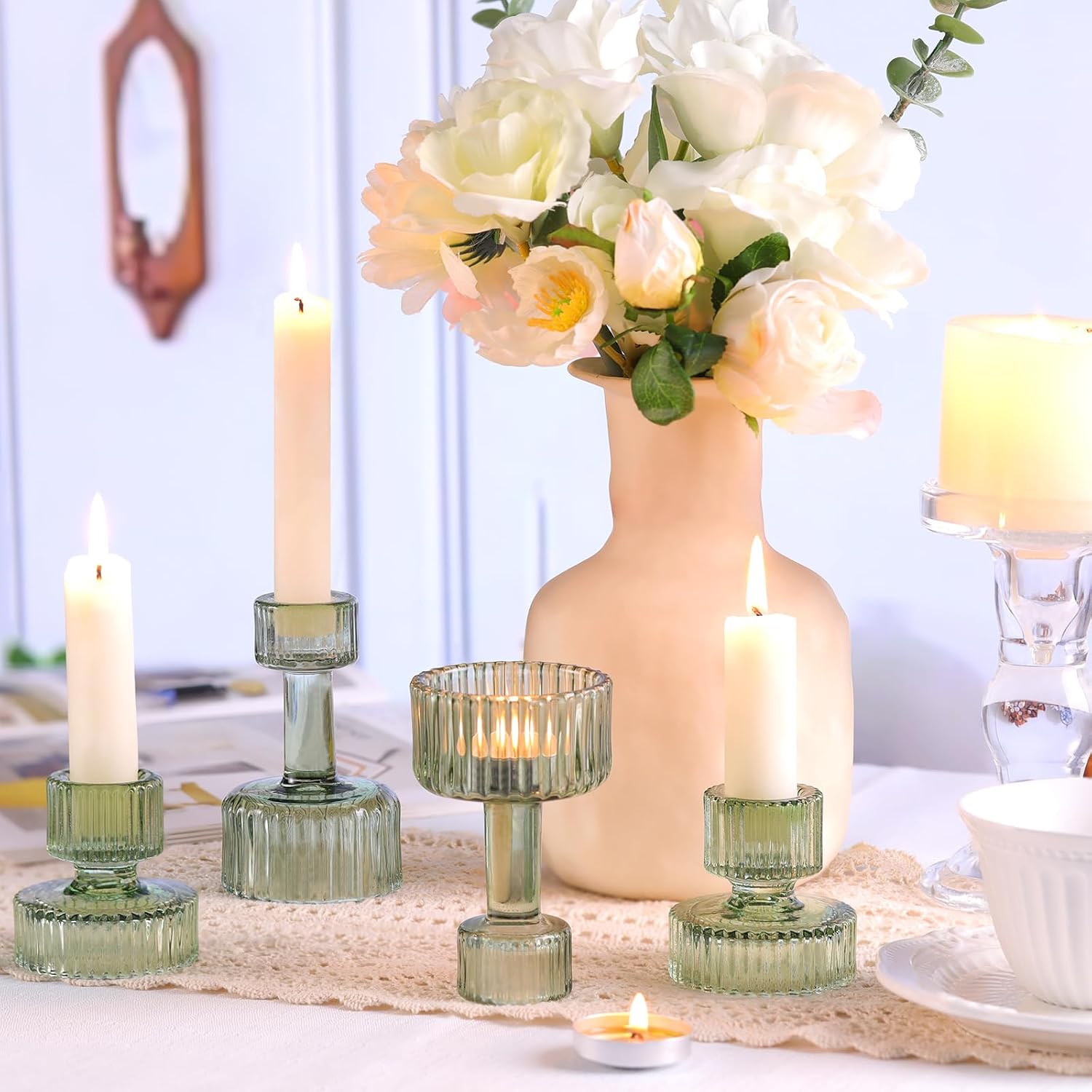 Lanttu Green Glass Taper Candle Holders Set of 6 Candlestick Holders Bulk