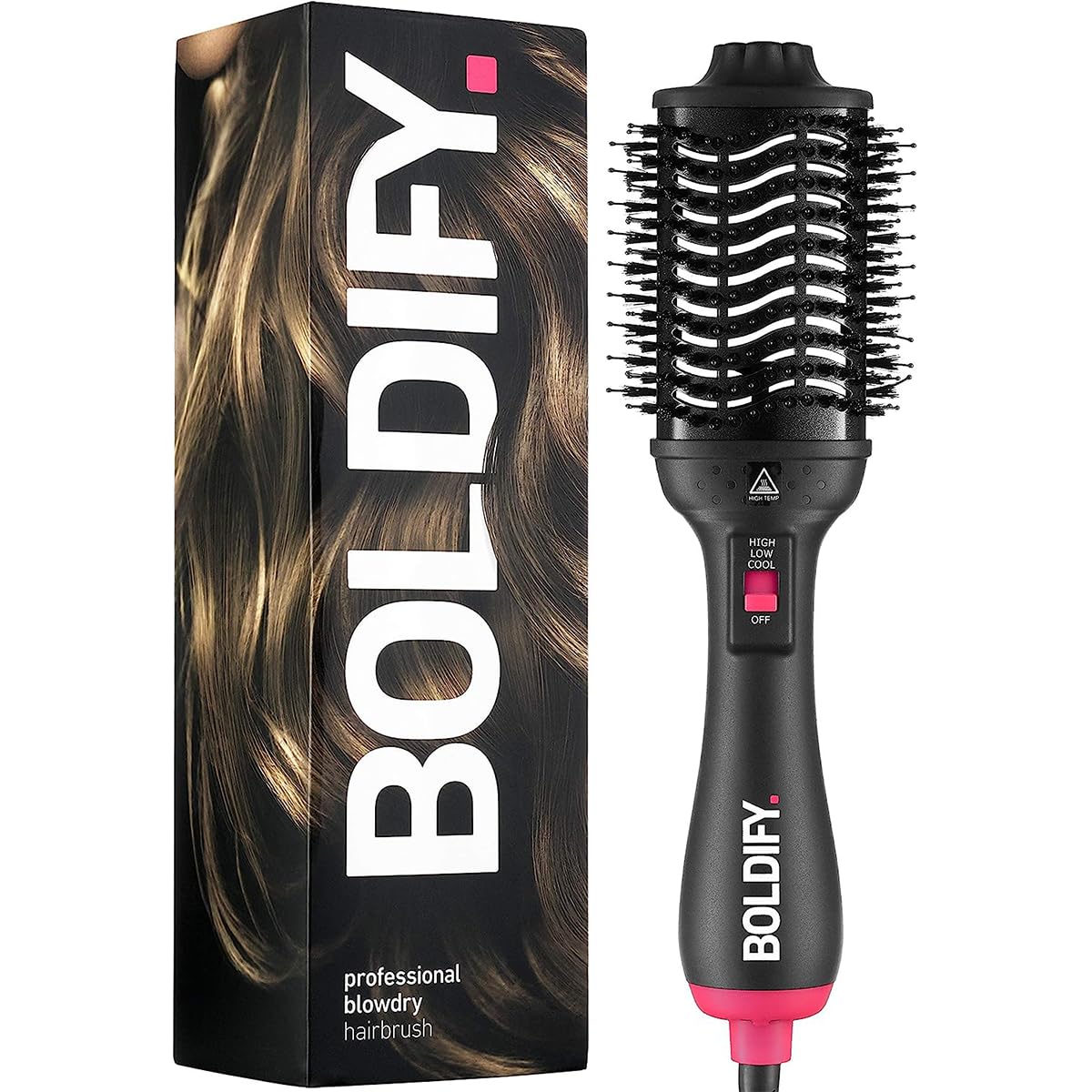 BOLDIFY Professional Blow Dry Brush - for Silky Shiny Curls, Waves, or Straightener - BoarCraft™ Charcoal Infused Hair Dryer Brush w/Volumtech™, Anti Frizz Advanced ION Generator Technology
