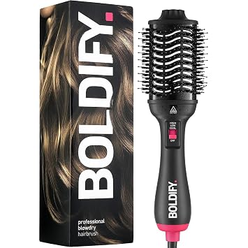 BOLDIFY Professional Blow Dry Brush - for Silky Shiny Curls, Waves, or Straightener - BoarCraftTM Charcoal Infused Hair Dryer Brush w/VolumtechTM, Anti Frizz Advanced ION Generator Technology