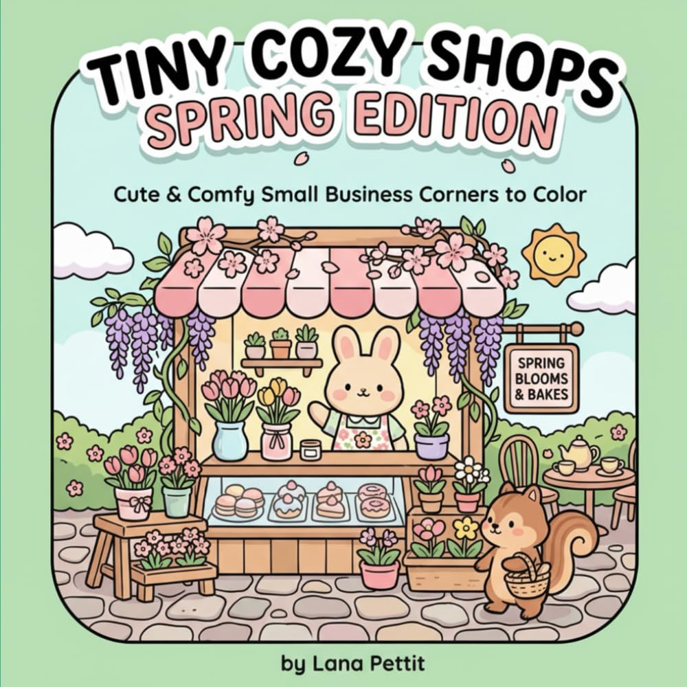 Tiny Cozy Shops – Spring Edition: Cute Kawaii Storefront Coloring Book for Adults & Teens | Cottagecore Flower Shops, Relaxing Cozy Spaces for Stress Relief