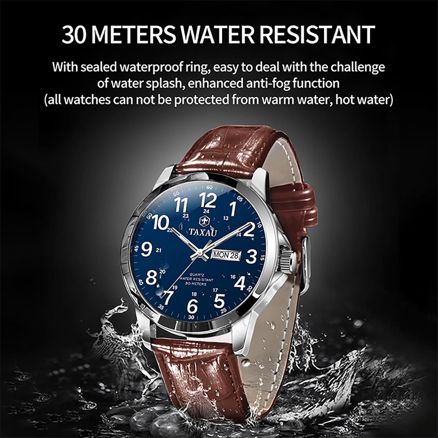 Men's Dress Watches Waterproof Analog Leather Watch with Day Date Large Arabic Numerals Fashion Casual Classic Man Wrist Watch Brown/Black Band Easy Read Relojes para Hombres - Image 3