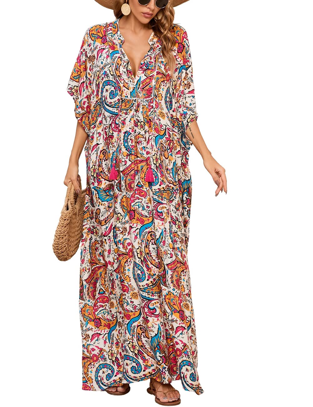 BsubseachWomen Plaid Short Sleeve Swimsuit Cover Up Sexy Deep V Neck Side Slit Beach Long Dress