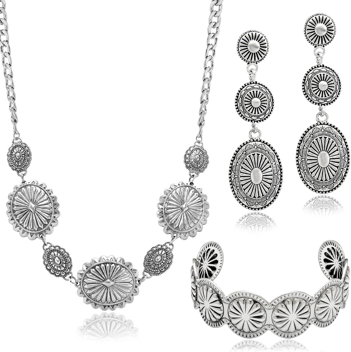 3 Pcs Western Concho Costume Jewelry Set for Women Western Dangle Earrings Boho Choker Necklace Bohemian Cuff Bracelet Cowboy Chic Country Concert Outfits for Women Jewelry Gift