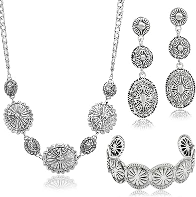 3 Pcs Western Concho Costume Jewelry Set for Women Western Dangle Earrings Boho Choker Necklace Bohemian Cuff Bracelet Cowboy Chic Country Concert Outfits for Women Jewelry Gift