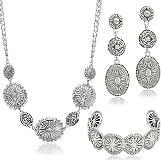 3 Pcs Western Concho Costume Jewelry Set for Women Western Dangle Earrings Boho Choker Necklace Bohemian Cuff Bracelet Cowboy Chic Country Concert Outfits for Women Jewelry Gift