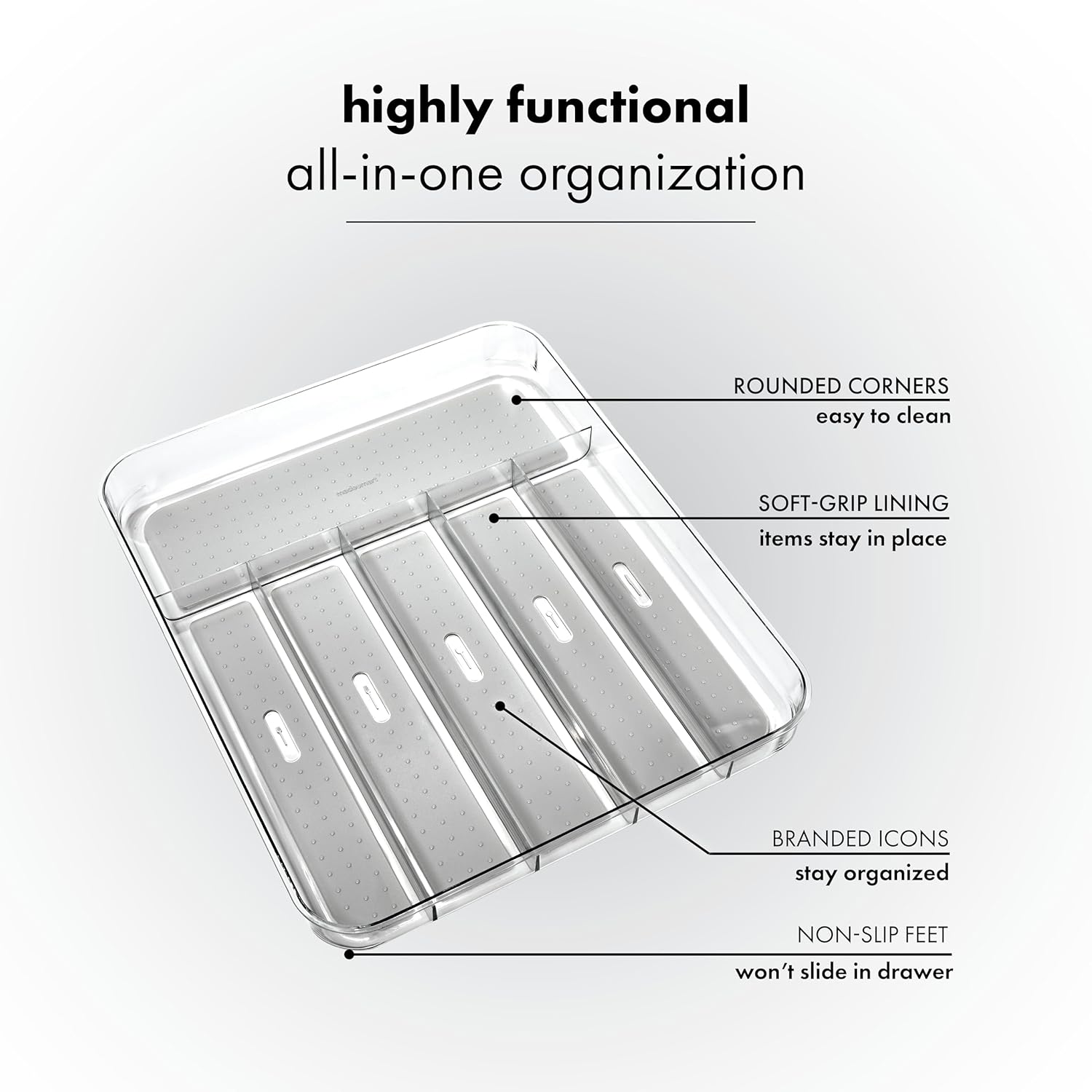 madesmart Premium Clear Silverware Tray, 6 Compartment Flatware Organizer for Forks, Knives & Spoons, Soft Grip Lining & Non Slip Base, Grey