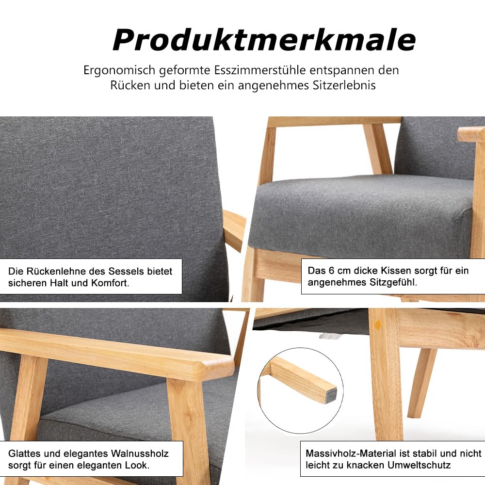 Mingone 2er Set Sessel Gepolsterter Cocktailsessel Skandinavischer Stil Loungesessel Modern Einzelsofa Massivholz für Wohnzimmer Schlafzimmer Grau