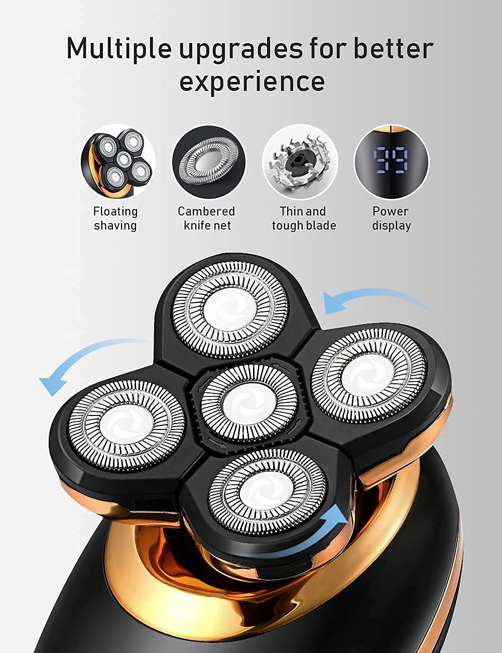 Afeitadora de cabeza eléctrica 5 en 1 para hombres calvos – Afeitadora de cabeza para hombres – Anti-pellizco – Diseño ergonómico – inalámbrico y recargable. (dorado)