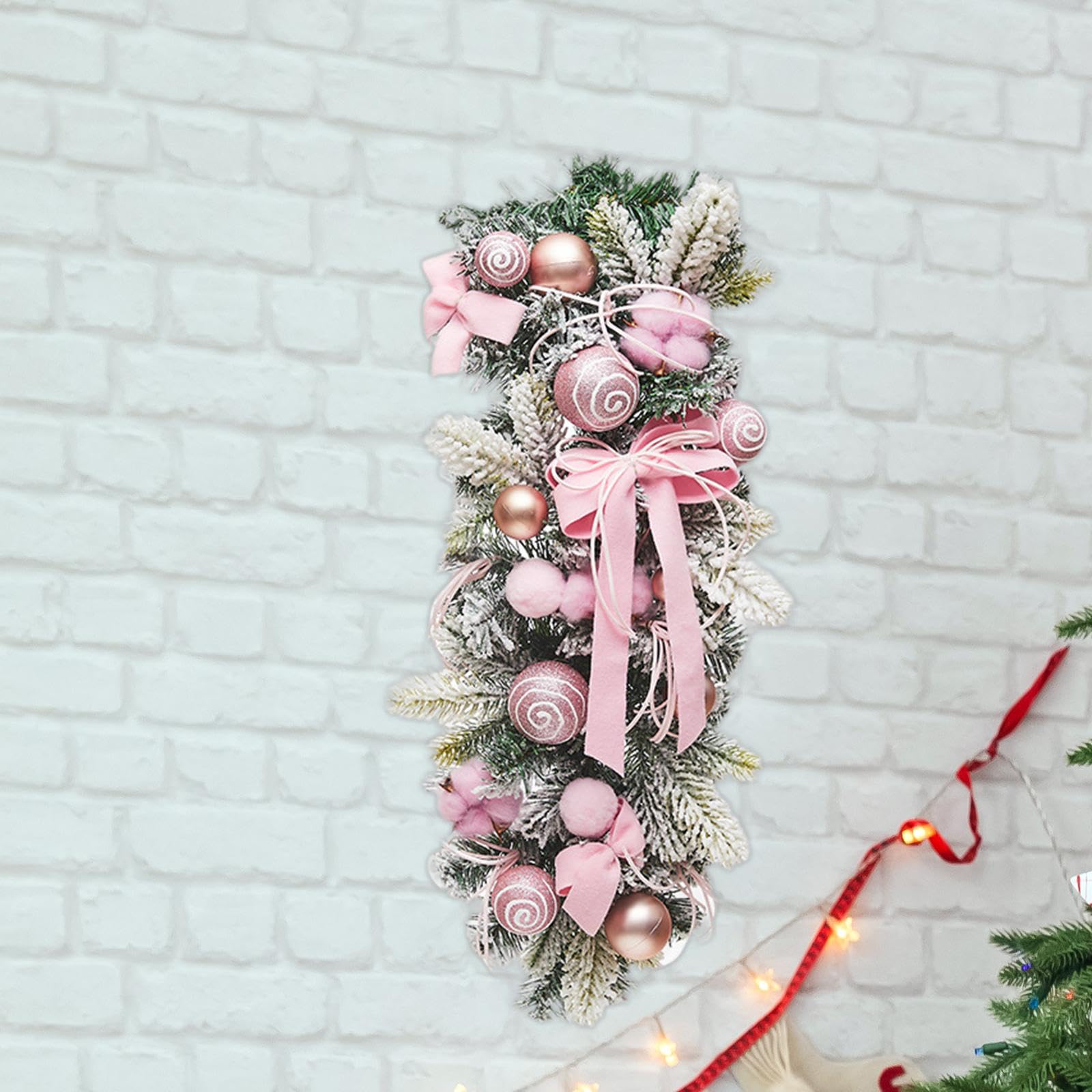 Fenteer Weihnachts-Treppengirlande, künstliches Ornament, mit Lichtern, Weihnachts-Tränengirlande-Kranz, Weihnachtsgirlande für -Innentreppen, ROSA
