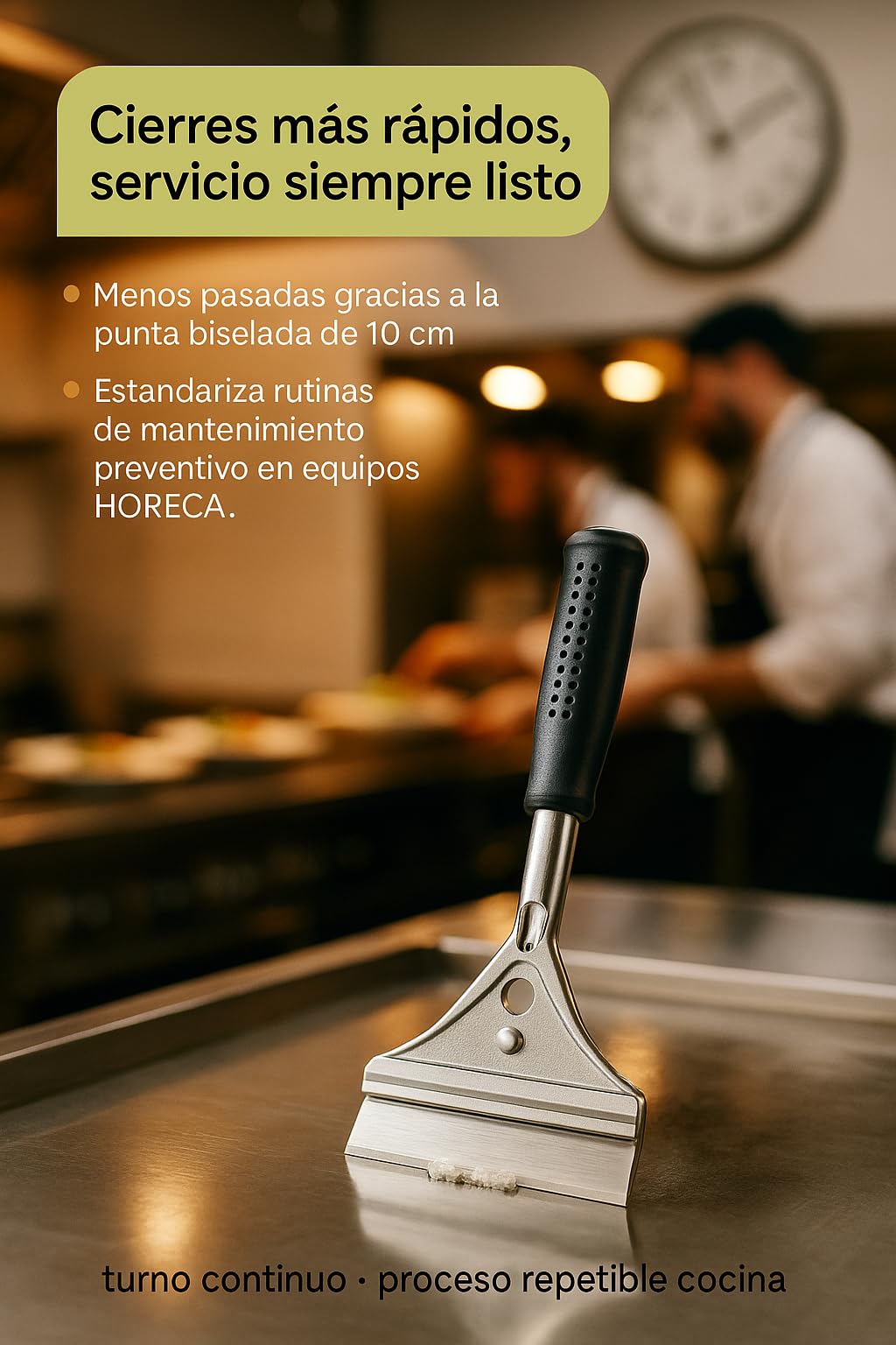 Rasqueta Cromo Duro 10 Cm Acero Inoxidable Mango Antideslizante Doble Cuchilla Apta Lavavajillas Limpieza Planchas Fry Top HORECA Industrial Ref 93GS09001 Herramienta Sat