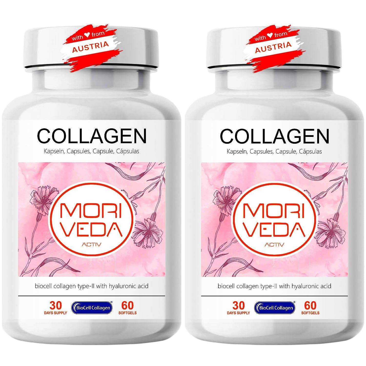 MoriVeda BioCell Collagen gélules, 2 x 60 unités, collagène de type II avec acide hyaluronique et chondroïtine, pour la peau, les articulations et les tissus conjonctifs, certifié ISO