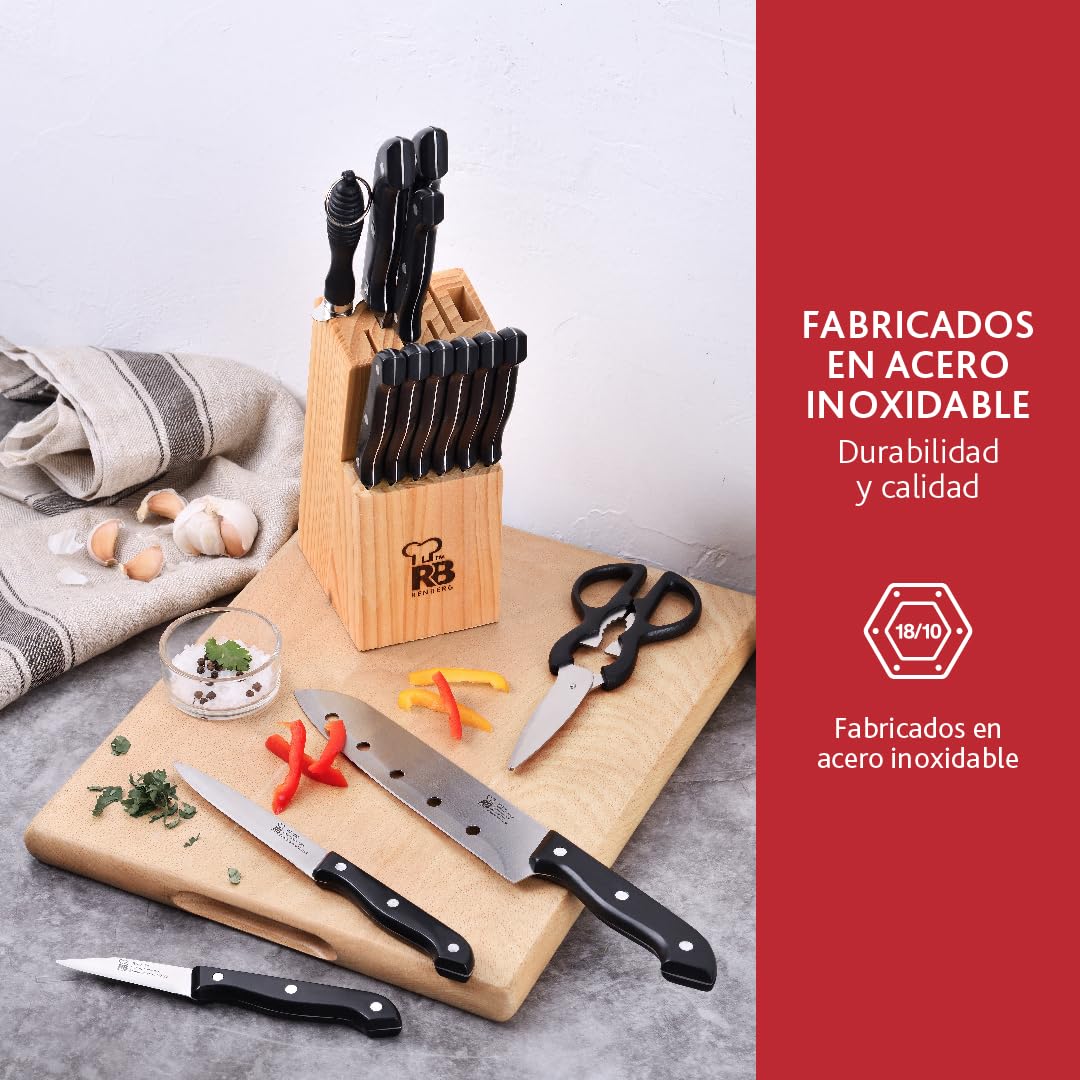 RENBERG TENESSY - Set 15 pezzi con coltelli, affilacoltelli e ceppo in legno - Coltelli in acciaio inox - Manico nero - Resistente e pratico