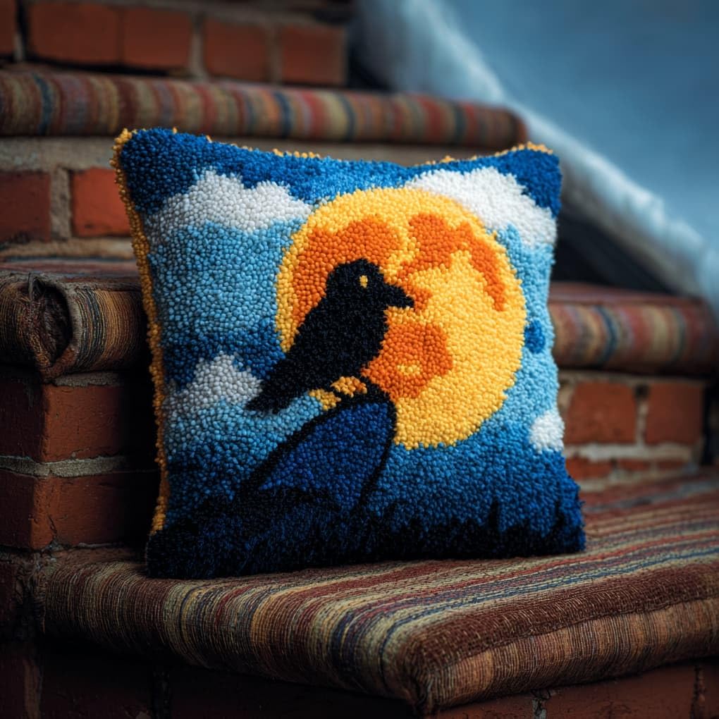 Henypt Latch Hook Embroidery Kit,Crows on the Moon 43x43cm Sofa Cushion Cover Making Set,Beginner Friendly Craft Kit for Adults,Handmade Gifts