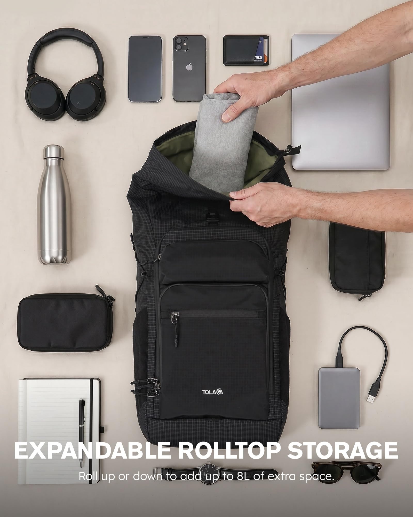 Tolaccea Rolltop Rucksack 32L Reiserucksack Handgepäck Rucksack für 16 zoll | Erweiterbar 32-40L | Leichtes Ripstop-Nylon | 180°-Laptopfach bis 16" mit EVA-Schutz | YKK-Reißverschluss | Magnetverschluss