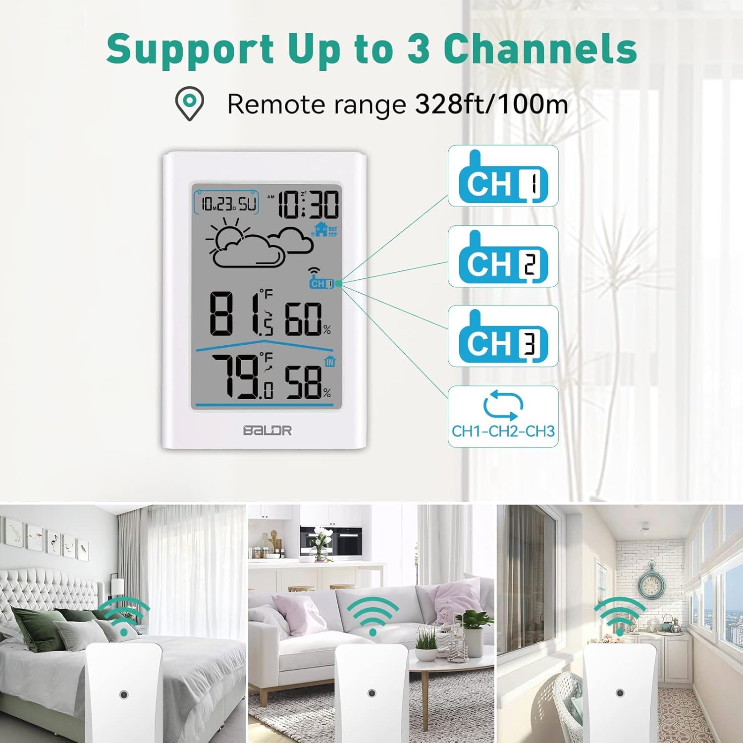 BALDR Estación meteorológica con sensor exterior, termómetro digital, higrómetro, termómetro para interiores y exteriores, hidrómetro, humidity with Weather Forecast, reloj de alarma
