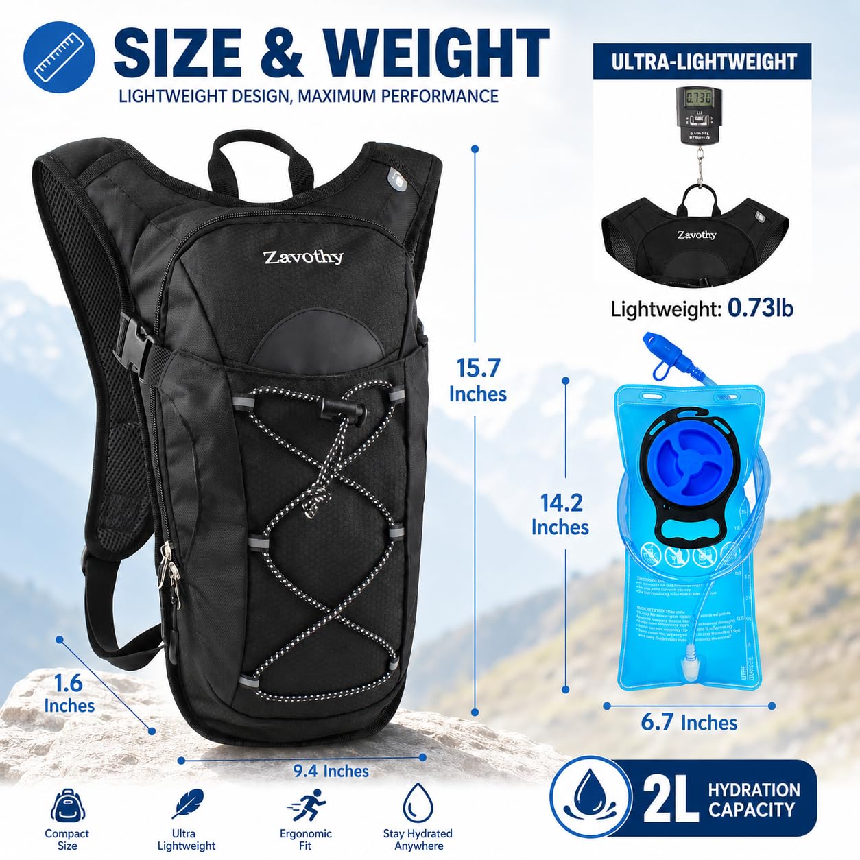 Zavothy Sac à Dos d'hydratation avec vessie d'hydratation 2L, Sac hydratation Running, Sac à Dos de Sport pour Hommes et Femmes pour la Course à Pied, Le Cyclisme et la randonnée, San BPA