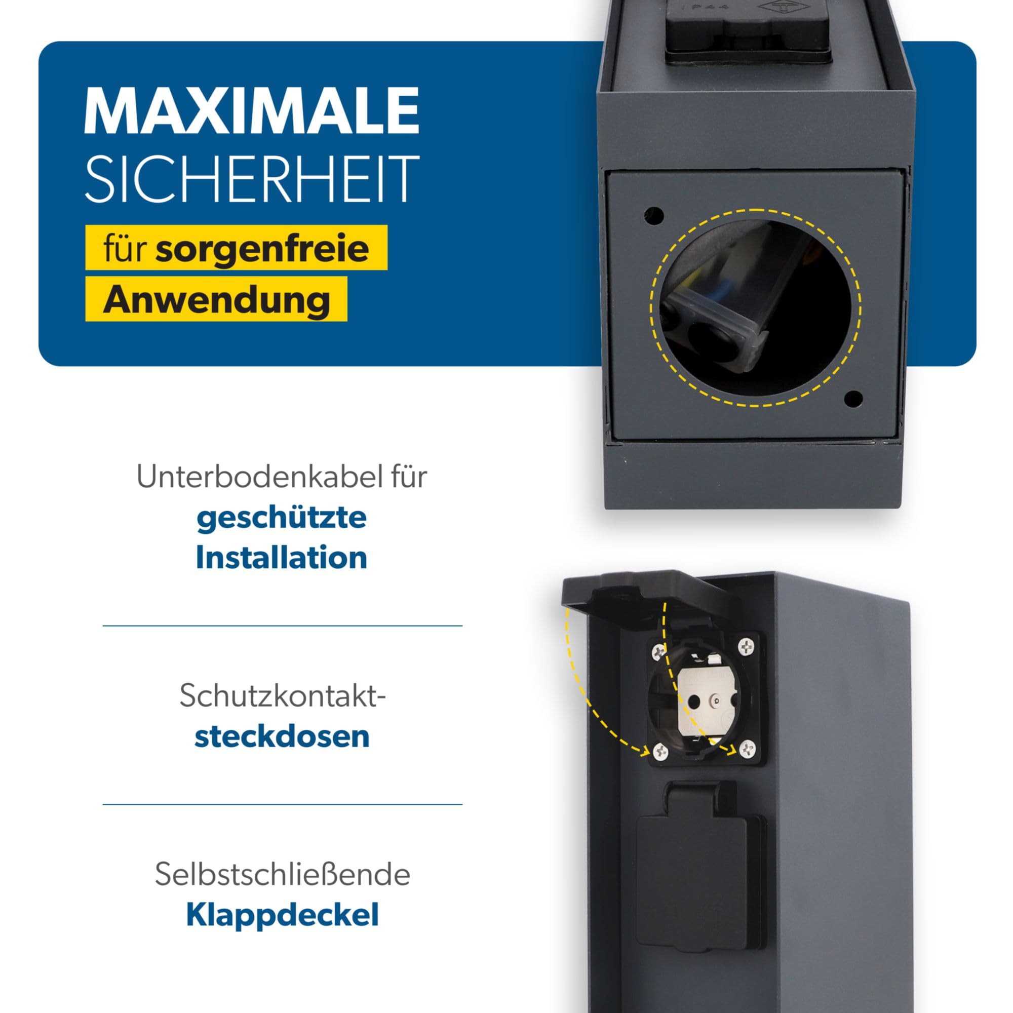 UNITEC Steckdosenverteiler für den Garten, Steckdosensäule mit Zeitschaltuhr, Außensteckdose, Edelstahl, IP 44, 2 Steckdosen
