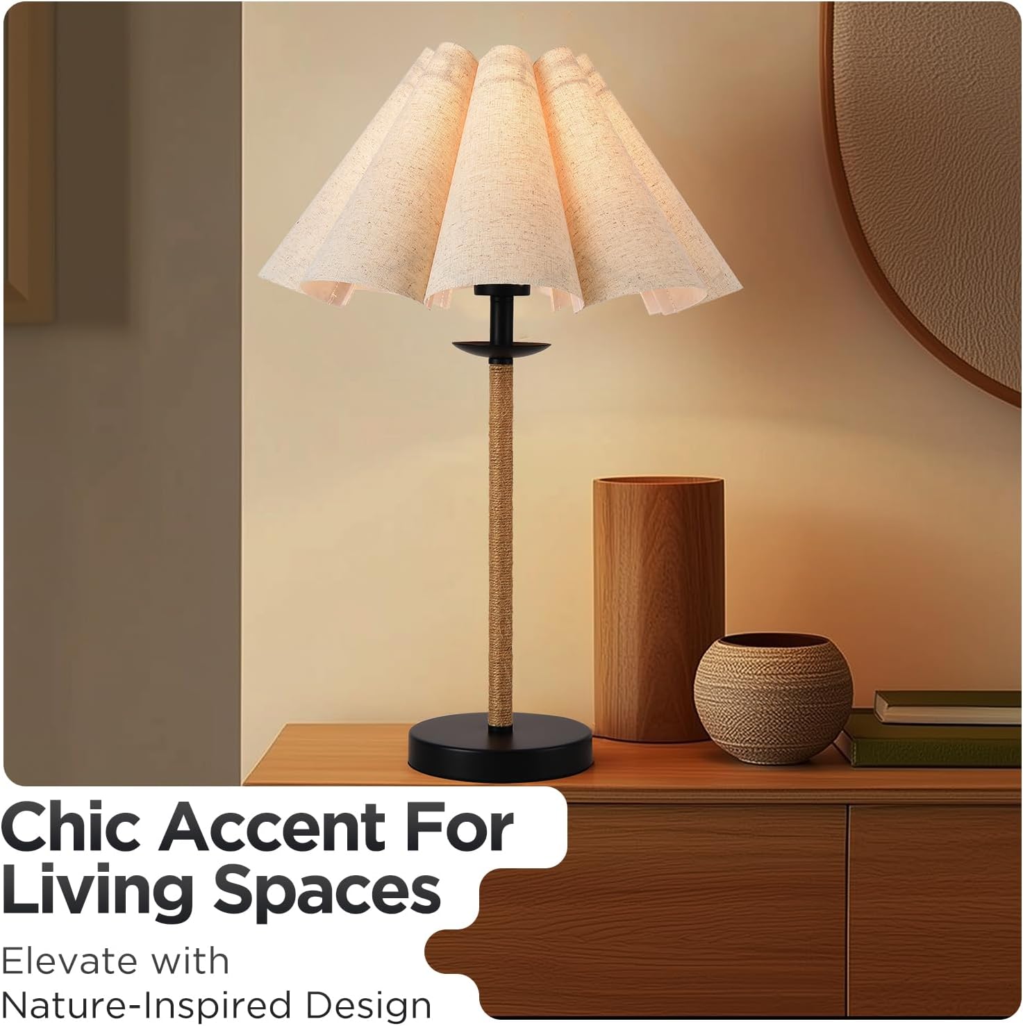 Boho Table Lamp,22.5" Farmhouse Minimalist Accent Lamp with Oatmeal Petal Shade & Handmade Rattan Rope Black Metal E26 Socket Base, Bedside Desk Lamp for Bedroom, Living Room,Home Decor