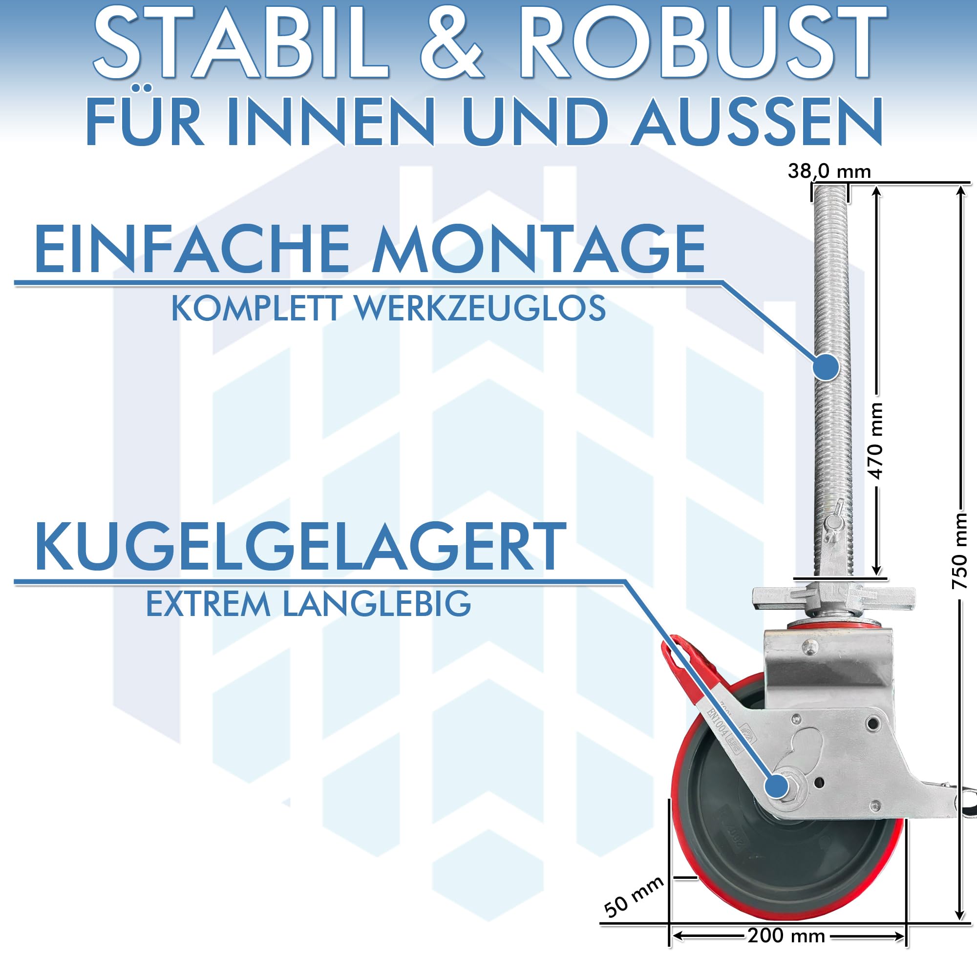 200 mm PU Gerüstrollen Set (4 Stück) LAYHER*-kompatibel mit Stahlspindel - Doppelt gebremst, lotrecht stehend