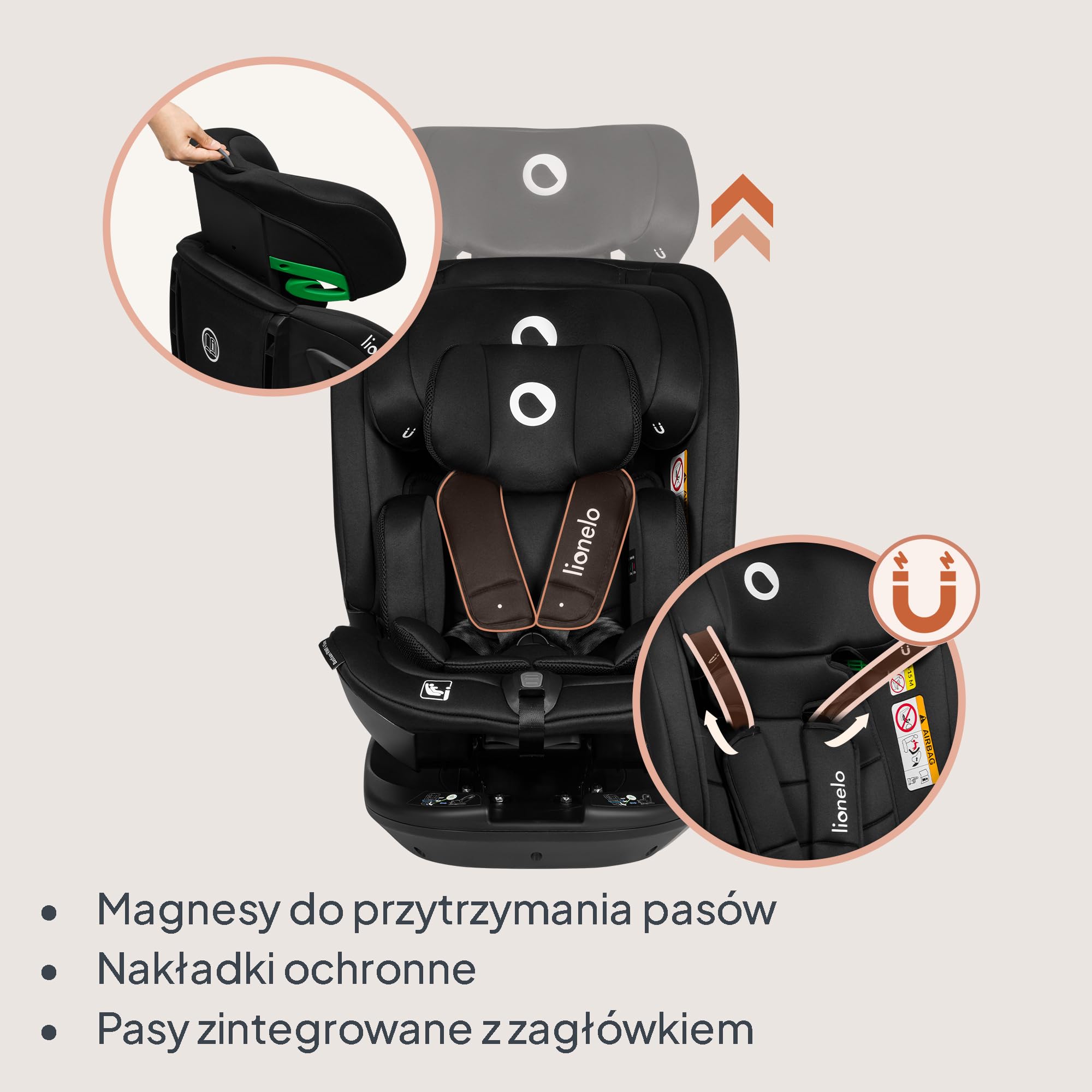 LIONELO Bastiaan RWF I-size Fotelik Samochodowy Obrotowy 360o dla Dzieci 0-36kg, Montaż Przodem i Tyłem (18 kg), ISOFIX Pas TopTether, Regulacja Zagłówka Pasów i Oparcia Ochrona Boczna Czarny