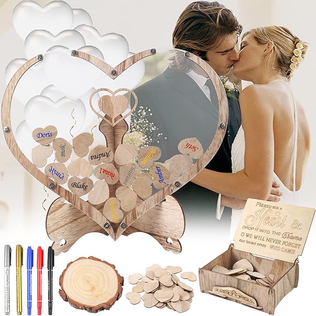 MaxAwe Wedding Guest Book Alternative, Personalized Heart Shape Wedding GuestBook Wooden Decoration for Wedding Birthday Party, 80x Heart Cards, 50x Balloons