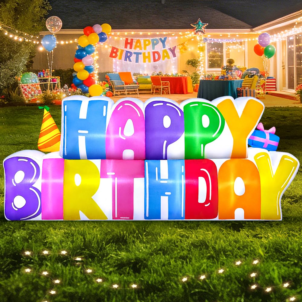 Photo 1 of 8FT Inflatable Happy Birthday Banner Decorations Blow up Outdoor Yard Decor, Built-in LED Lights for Holiday Party Garden Lawn Indoor Home Celebration