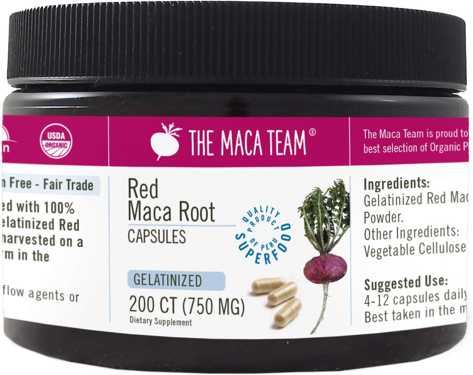 Gelatinized Red Maca Root Capsules - 750 Mg, 200 Ct - Certified Organic, Fresh Harvest from Peru, Fair Trade, GMO-Free, Gluten Free and Vegan