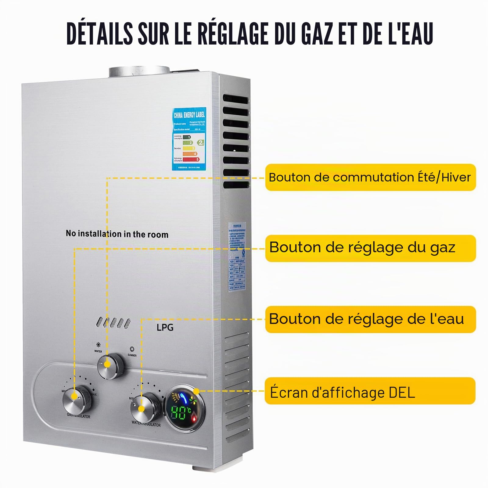 Chauffe-eau à Gaz 8LPM, Chauffe eau instantané, LPG Propane Butane 16KW Inoxydable Pression d'eau Ultra basse disponible Convient pour la Famille, Camping-car (8L)