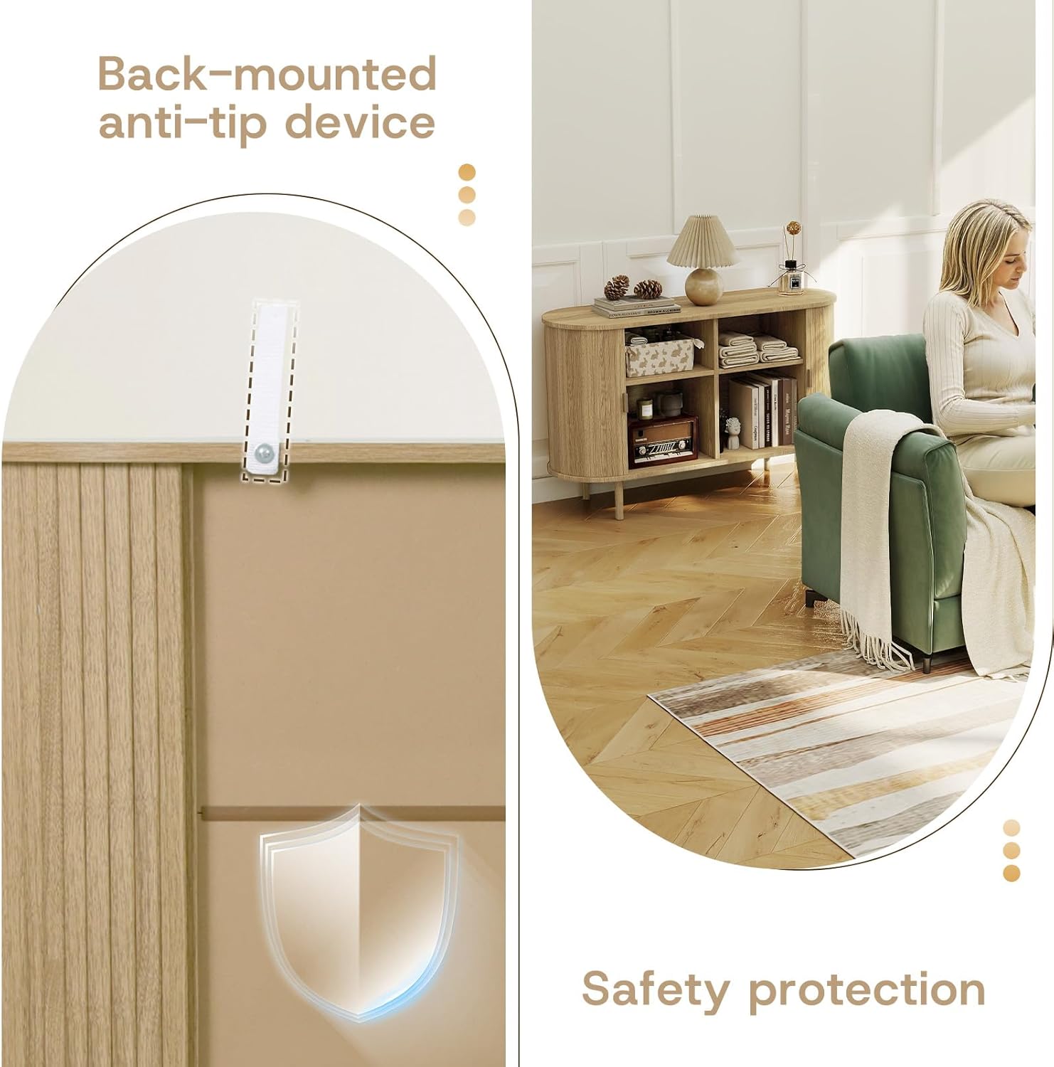 Fluted Sideboard Buffet Cabinet with Storage, 47" Mid-Century Modern Console Table with Sliding Doors, Wood Credenza for Dining Room, Coffee Bar Station, Light Oak