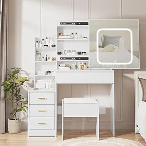 Vanity Desk with Sliding Mirror and Lights, Makeup Vanity Set with 4 Drawers, Stool, Power Outlet, Open Shelves, 3 Color Adjustable Lighting Modes, Makeup Dressing Table for Bedroom, White