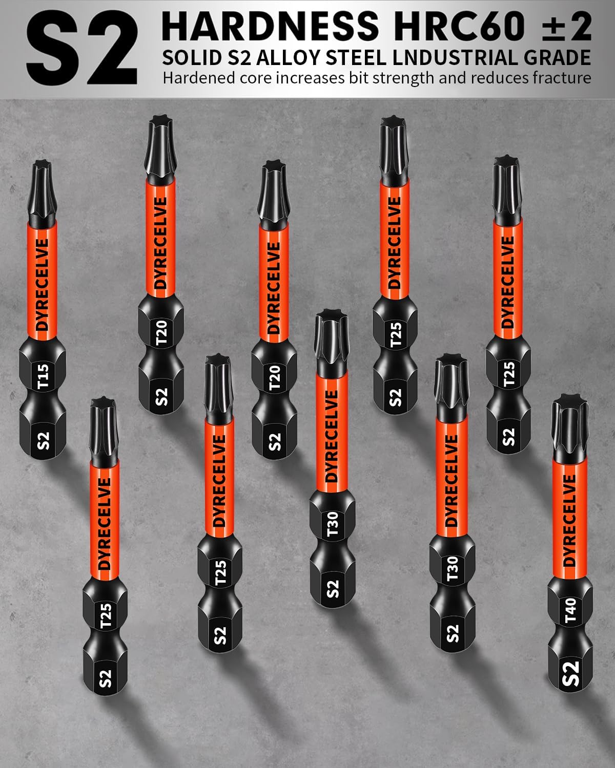 DYRECELVE Impact Torx Bit Set T15 T20 T25 T30 T40, 10-Pack 2 Inch S2 Steel Magnetic Power Bits for Impact Driver, 1/4 Inch Hex Shank Heavy Duty Magnetic Grip (Anti-Slip)