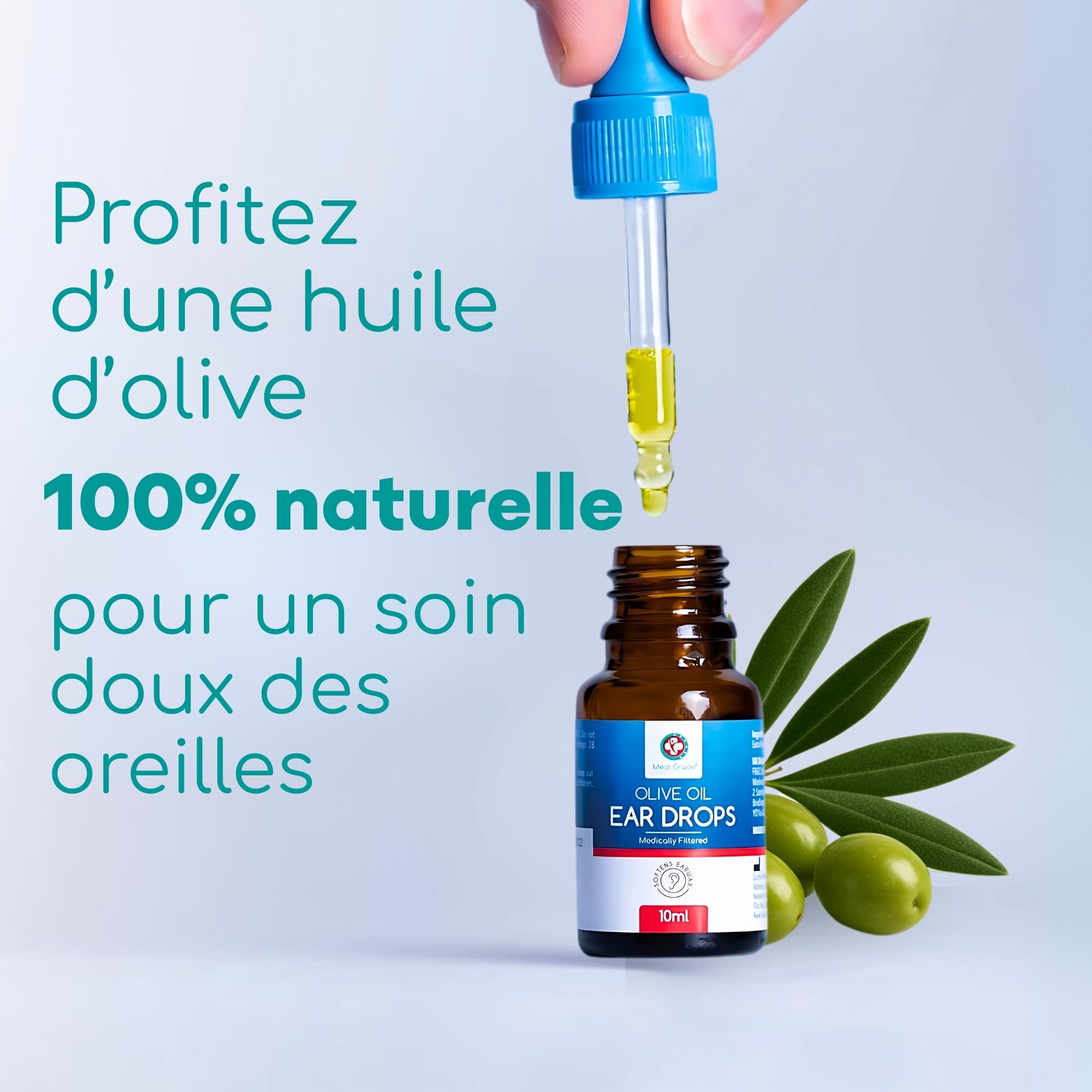 Medi Grade Gouttes Oreilles Huile d'Olive 100% Pure Qualité Médicale Flacon Compte Gouttes10 mL - Fluidifie Élimine Cerumen Oreille - Gouttes Auriculaires Efficaces - Soulagement Rapide