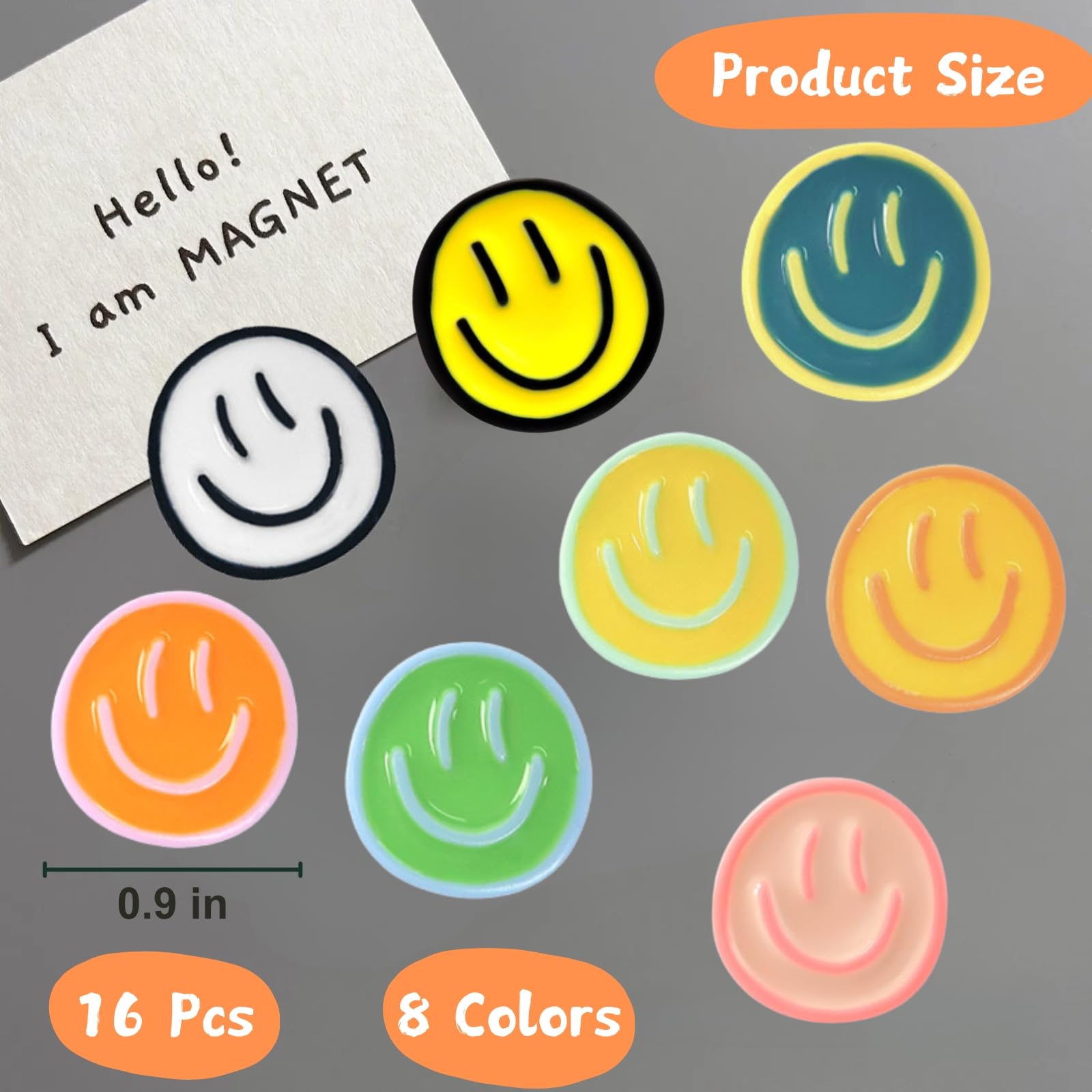 Rhinocats 16 Pack Cute Smiley Face Fridge Magnets - Colorful Resin Magnets For Lockers, Whiteboards, Office & Home Decor