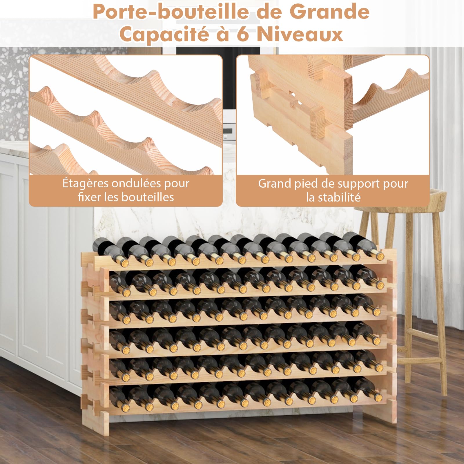 GOPLUS Range Bouteille pour 72 Bouteilles, 119x29x71,5CM, Casier à Bouteilles en Bois de Pin Massif avec 6 Étagères Modulable, Extensible, Montage Simple, Porte Bouteille pour Bars, Cave, Cuisine