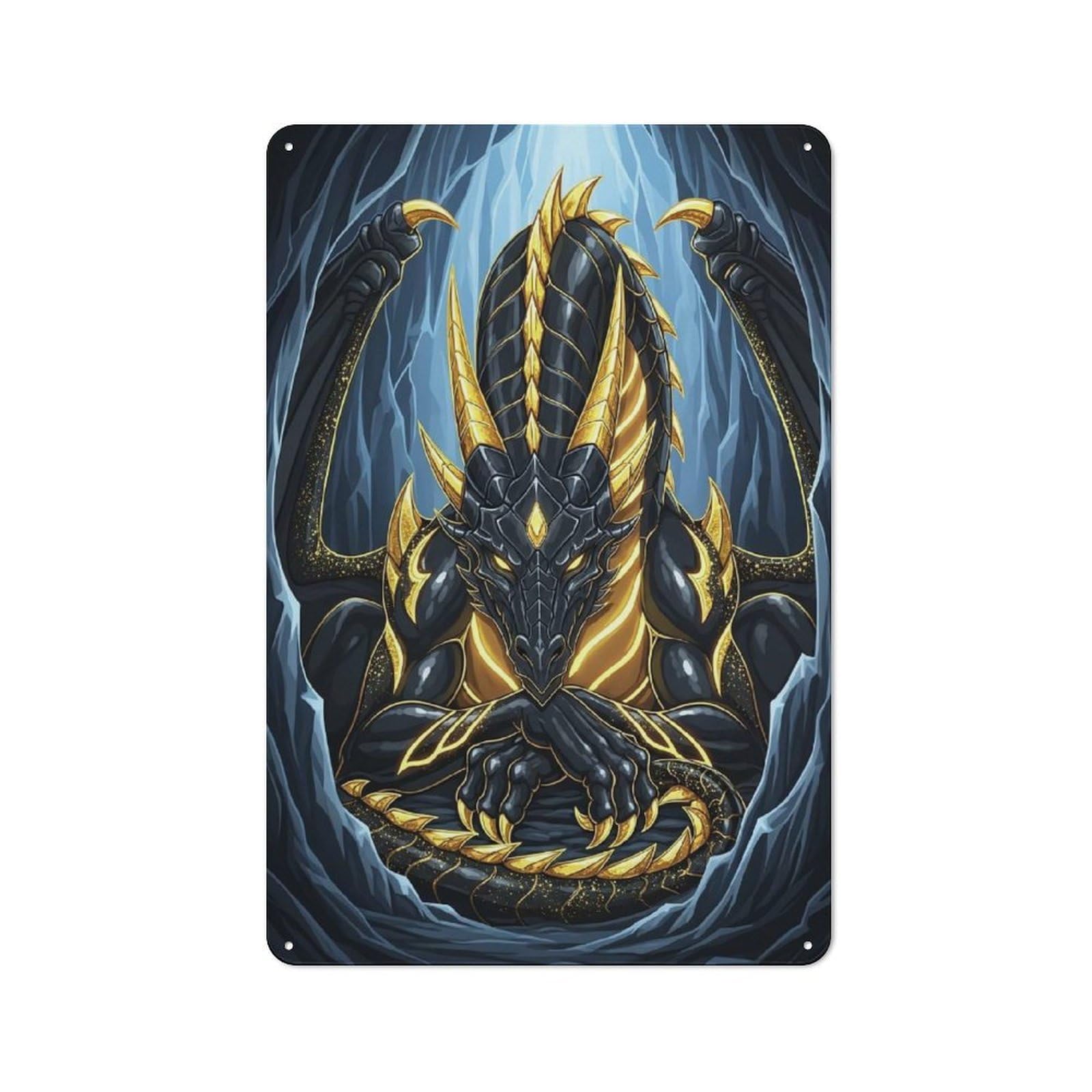 Black And Gold Dragon in Cave Workshop Style Metal Wall Decor 30x20cm, Decorative Metal Plaque for Garage, Workshop, Shed Or Utility Room