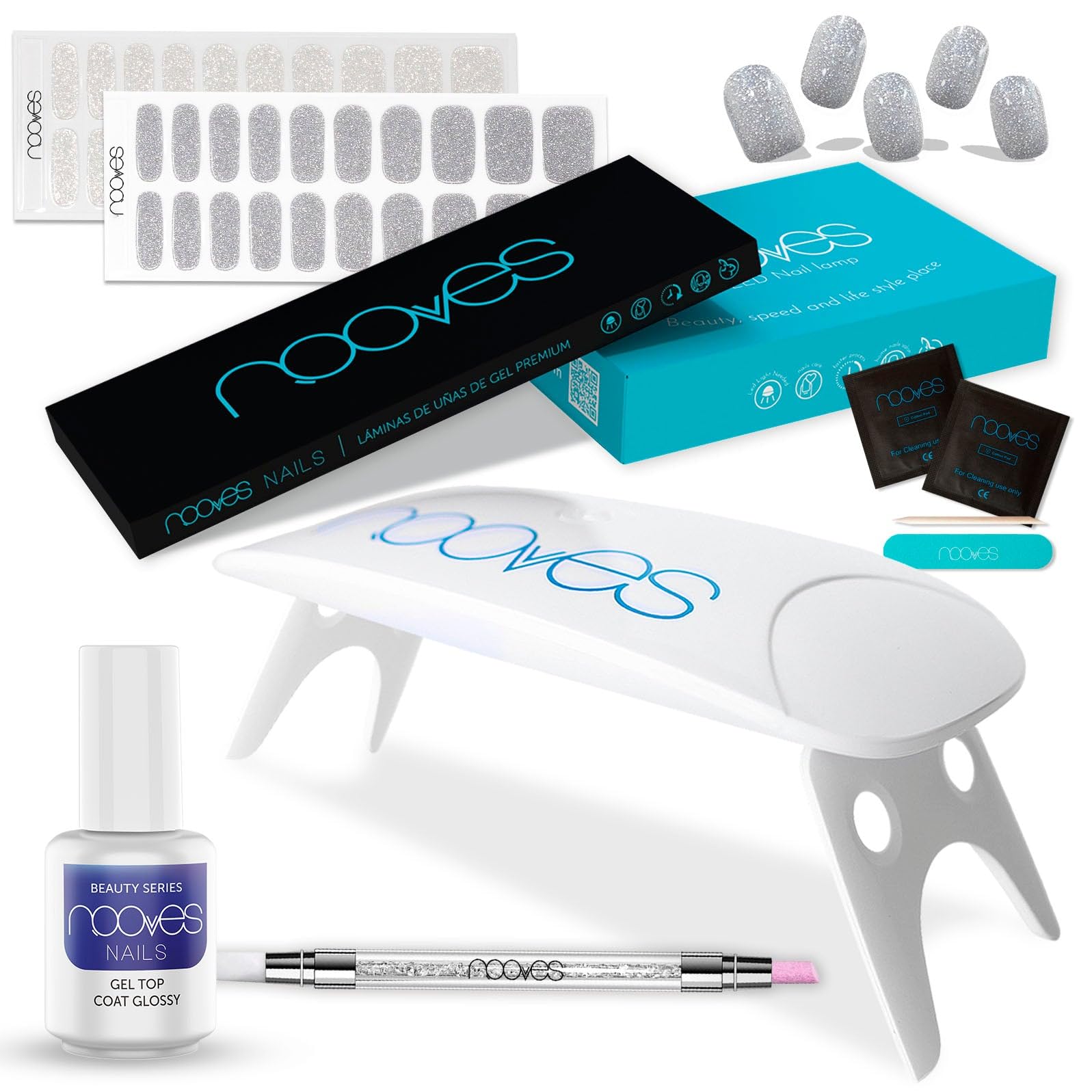 NOOVES Starter Kit: 2 Láminas de Gel + Lámpara Secado + Top Coat + Quartz Dual Stick| 40 uds Beauty Glitter, Semicuradas y Veganas con Lima y Palito de Naranjo