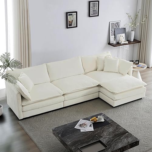 KIVENJAJA Chenille L-Shaped Modular Sectional Sofa, Modern 3-Seater Comfy Deep Seat Cloud Couch with Ottoman/Chaise & 5 Pillows for Living Room Office Apartment, 111.5”W, Beige
