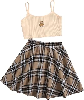 Girl's 2 Piece Outfits Cartoon Print Cami Top and Plaid Skater Skirt Set