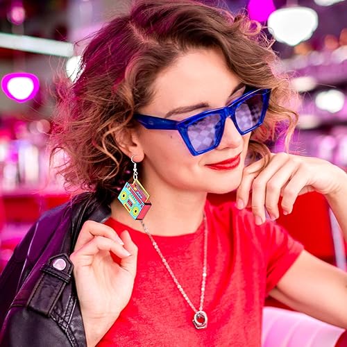 Miniatura 2 de Aretes de cinta de casete retro de los años 80 y 90, 3 pares de aretes vintage de cinta de casete de neón para mujer, aretes colgantes geométricos